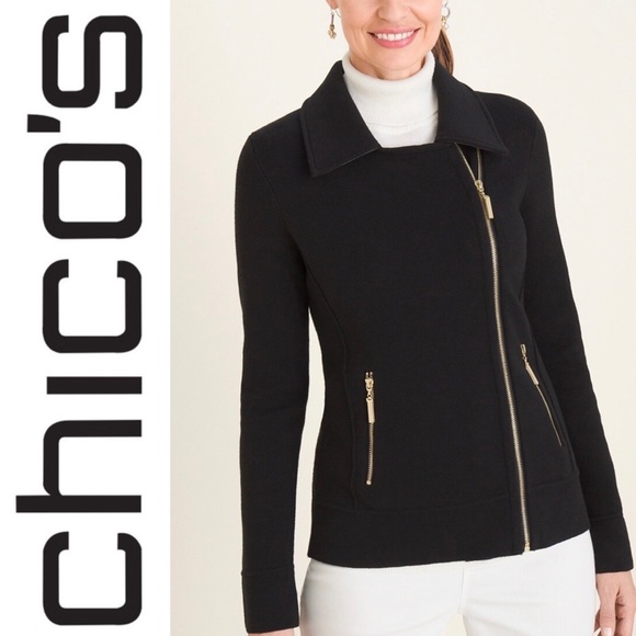 Chico's Jackets & Blazers - CHICOS SIZE 0 MOTO BLACK KNIT‎ JACKET WITH GOLD ZIPPERS.